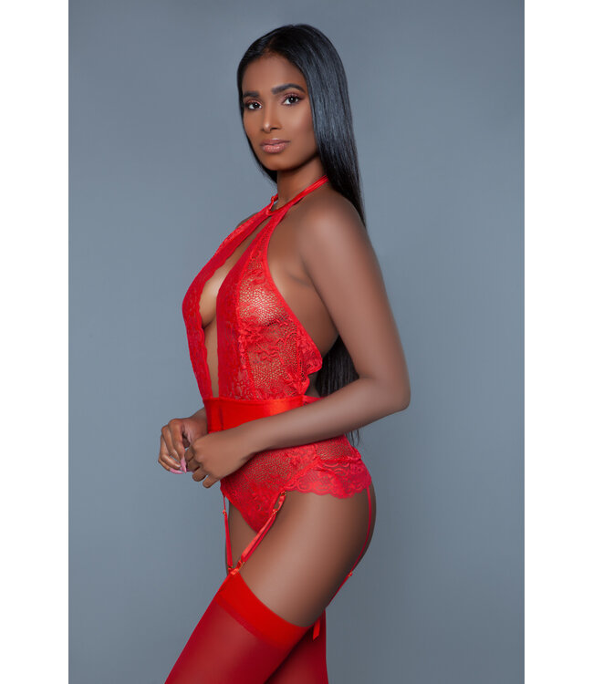 BeWicked Verleidelijke Ophelia Bodysuit in Rood | Luxe Satijn met Afneembare Jarretels
