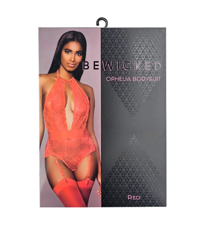 BeWicked Ophelia Red Satin Bodysuit with Detachable Suspenders & Lace Trim