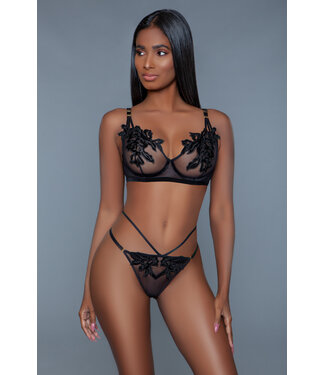 BeWicked Evangeline Black Mesh Lingerie Set S/M - Elegant Floral Appliqués