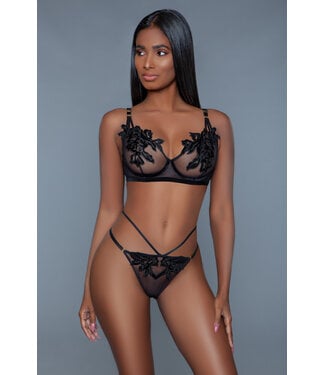 BeWicked Evangeline Set Schwarz S/M – Elegante Mesh-Lingerie mit Blumenapplikationen