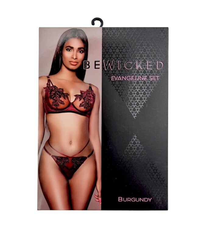 BeWicked Evangeline Dessous-Set Burgunder S/M – Mesh mit Blumenapplikationen
