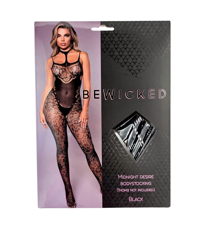 BeWicked Midnight Desire Black Bodystocking - Sheer Floral Lace & Choker Neckline