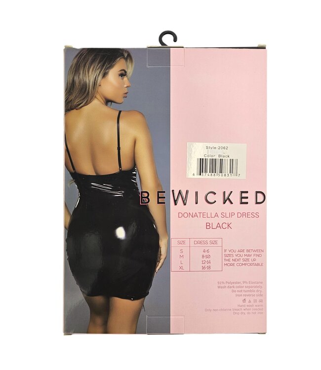 BeWicked Donatella Black Slip Dress: Shiny Faux Leather with Lace-Up Details