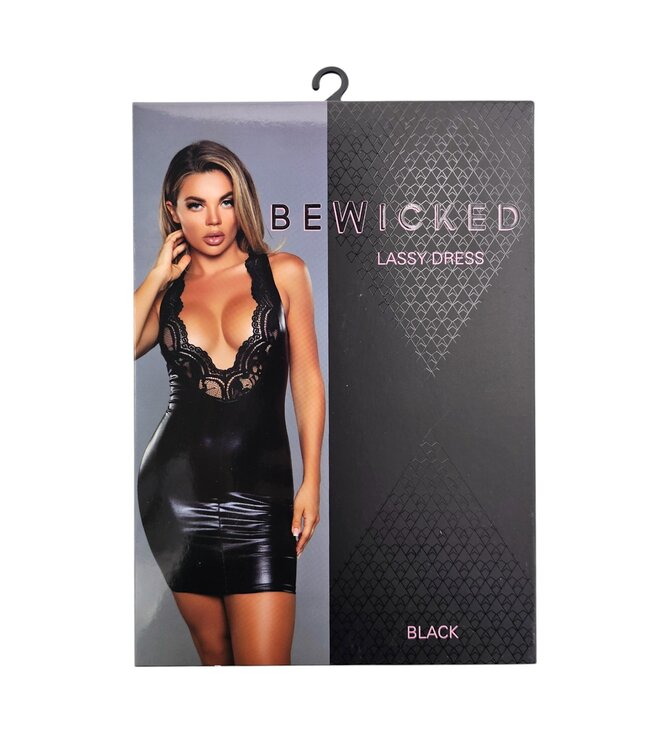 BeWicked Lassy Black Bodycon Dress - Elegant Faux Leather with Lace Details