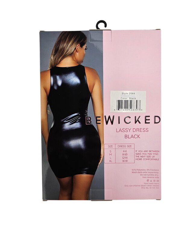 BeWicked Lassy Jurk XL Zwart - Sexy Bodycon met Diepe V-hals van Kant en Imitatieleer