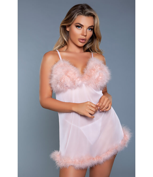 BeWicked Farah Pink Babydoll Set: Luxurious Faux Fur & Mesh Seduction