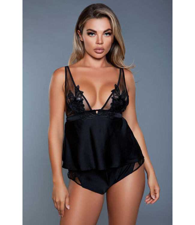 BeWicked Gia Black Satin Cami Set - Elegant Floral Appliqués & Adjustable Comfort