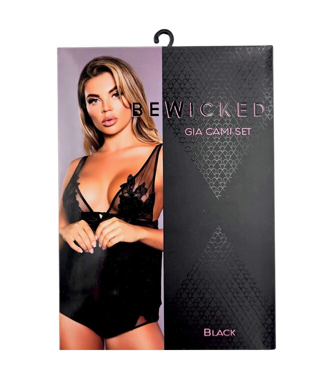 BeWicked Gia Elegante Cami Set Zwart - Luxe Satijn met Bloemapplicaties & Mesh