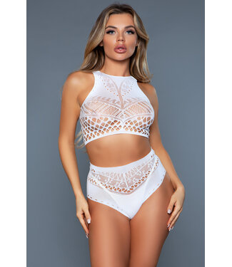BeWicked Plus Size Elegante Bodystocking met Cropped Top en Hoge Taille - Wit