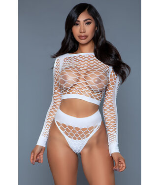 BeWicked Verleidelijke Play With Me Bodystocking Wit – Speelse Visnetlook & Braziliaans
