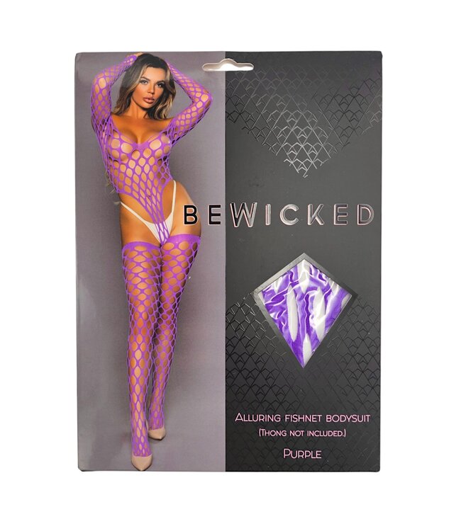 BeWicked Verführerischer lila Fischnetz-Bodysuit mit Strümpfen – Eleganter Look