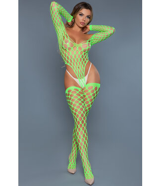 BeWicked Elegant Green Fishnet Bodysuit & Stockings - Seductive Off-Shoulder Set