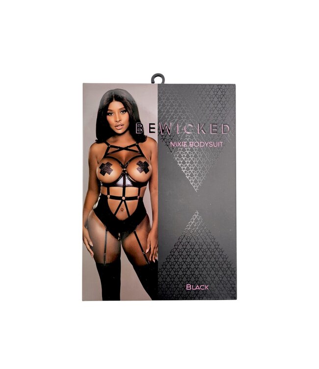 BeWicked Verleidelijke Nixie Bodysuit in Zwart met Imitatieleren Mesh en Jarretelles