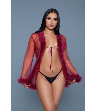 BeWicked Stijlvolle Burgundy Chiffon Kimono met Imitatiebont voor Luxe Loungewear