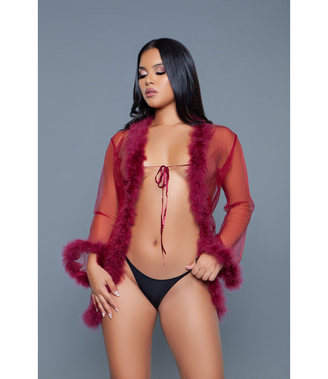 BeWicked Stijlvolle Burgundy Chiffon Kimono met Imitatiebont voor Luxe Loungewear