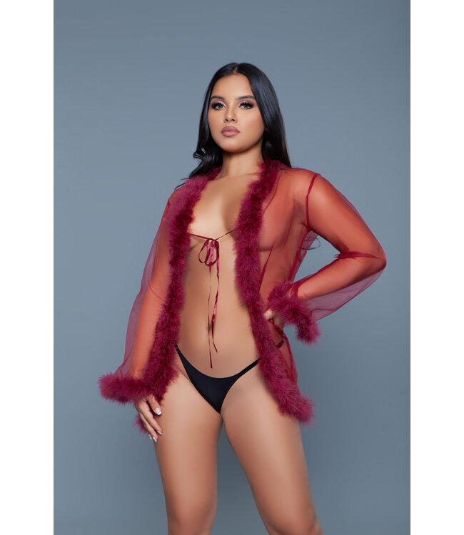 BeWicked Eleganter Burgunderroter Chiffon-Kimono mit Kunstfell und Satinband