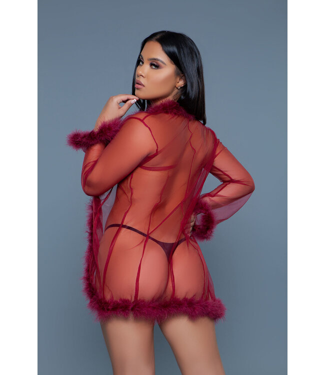 BeWicked Stijlvolle Burgundy Chiffon Kimono met Imitatiebont voor Luxe Loungewear
