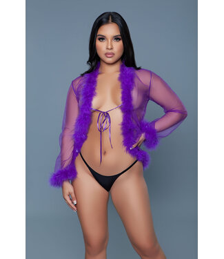 BeWicked Eleganter lila Chiffon-Kimono mit Kunstfell für stilvolle Loungewear