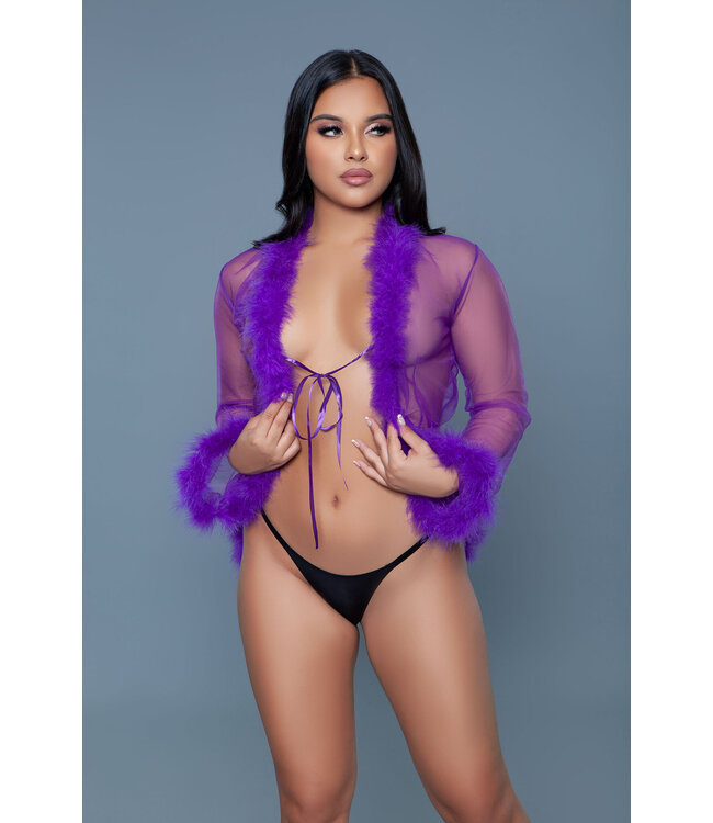 BeWicked Eleganter lila Chiffon-Kimono mit Kunstfell für stilvolle Loungewear