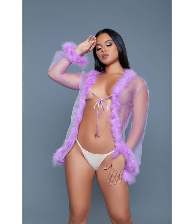 BeWicked Eleganter Chiffon-Kimono mit Kunstfellbesatz für stilvolle Loungewear