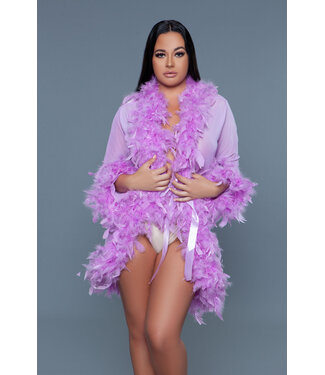BeWicked Elegant Lavender Chiffon Kimono with Feather Boa Trim and Satin Ties