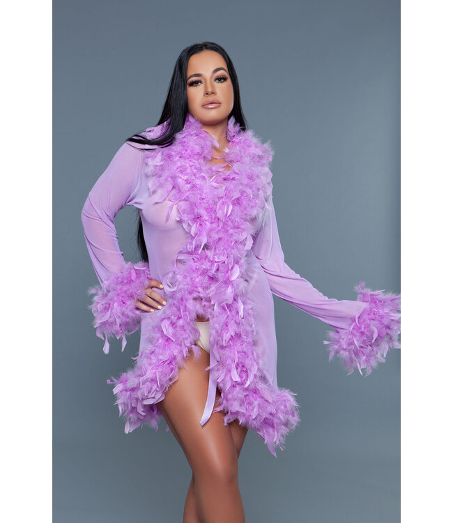 BeWicked Elegant Lavender Chiffon Kimono with Feather Boa Trim and Satin Ties