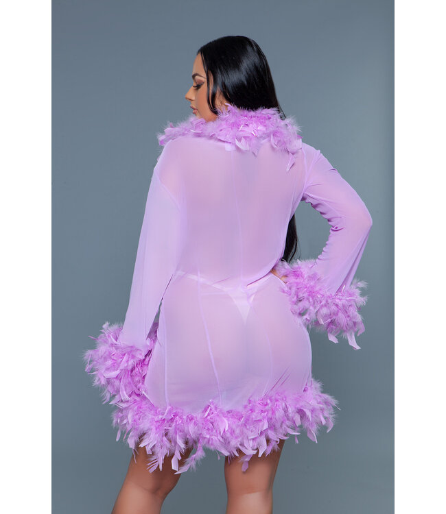 BeWicked Elegante Korte Chiffon Kimono met Veerafwerking en Satijnen Strik Lila