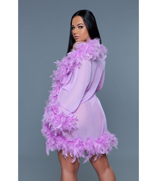 BeWicked Elegante Korte Chiffon Kimono met Veerafwerking en Satijnen Strik Lila