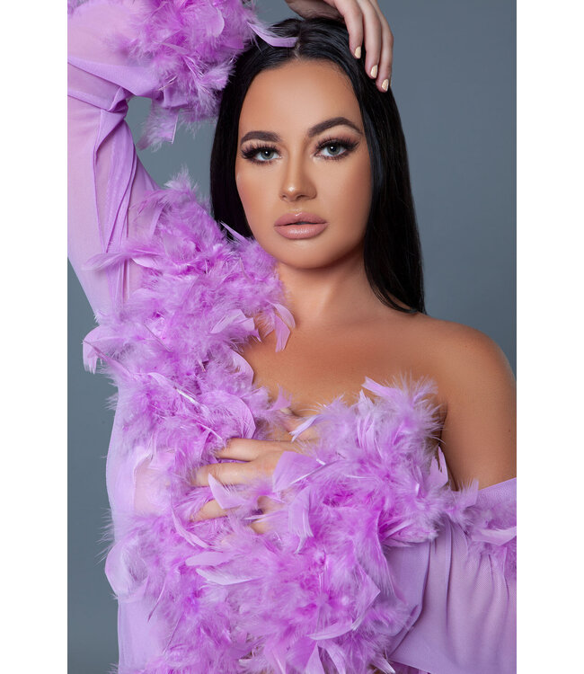 BeWicked Elegante Korte Chiffon Kimono met Veerafwerking en Satijnen Strik Lila