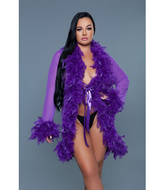 BeWicked Chique Korte Chiffon Kimono met Speelse Veren – Paars Elegantie