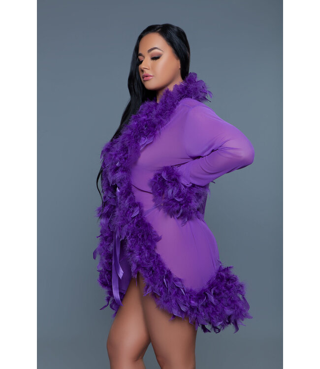 BeWicked Elegant Purple Chiffon Kimono with Feather Boa Trim and Satin Ties