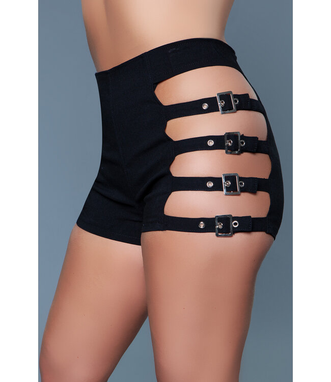 BeWicked Avant-Garde High-Waisted Black Shorts with Side Straps & Zip Closure