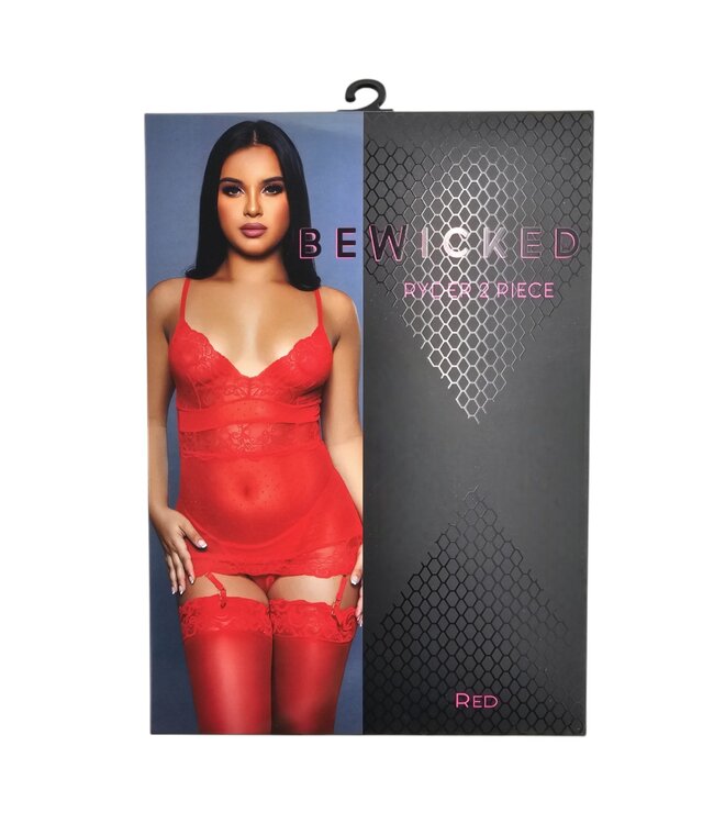 BeWicked Ryder Red Lace Chemise Set with Polka Dots & Floral Lace Details