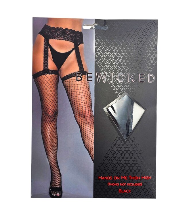 BeWicked Seductive Black Lace Thigh Highs with Fishnet Suspenders