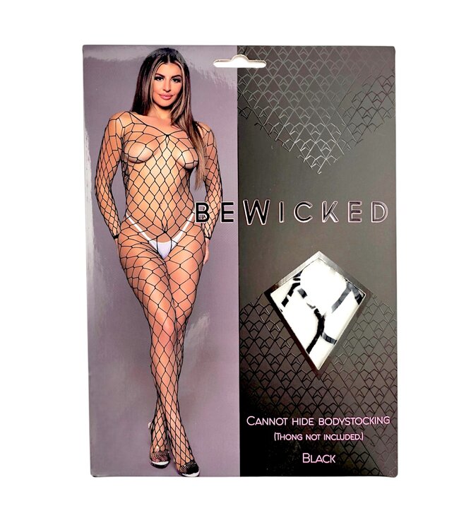 BeWicked Verleidelijke Visnet Bodystocking Zwart met V-hals en Lange Mouwen
