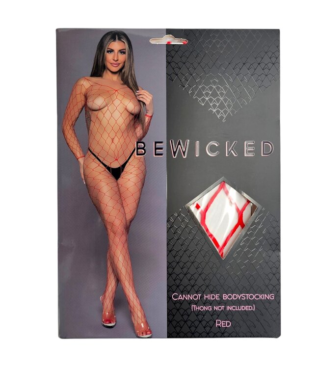 BeWicked Verleidelijke Brede Visnet Bodystocking Rood met V-Hals en Lange Mouwen