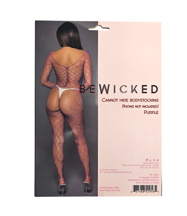 BeWicked Sensual Purple Fishnet Bodystocking with V-Neck and Long Sleeves