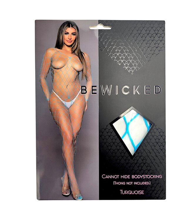 BeWicked Verleidelijk Visnet Bodystocking met V-Hals en Lange Mouwen - Turquoise