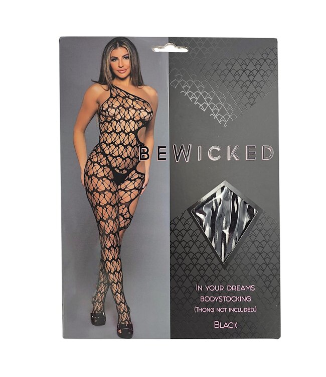 BeWicked One-Shoulder Black Bodystocking with Daring Cut-Out Design