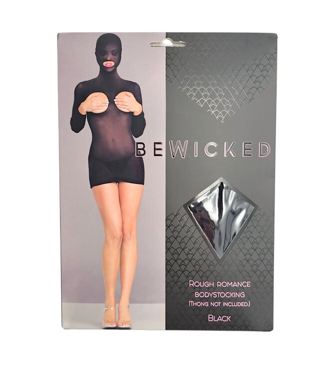 BeWicked Rough Romance Black Bodystocking Mini Dress with Hood and Open Cups