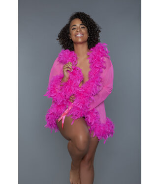 BeWicked Eleganter kurzer rosa Chiffon-Kimono mit Federboa und Satinbändern