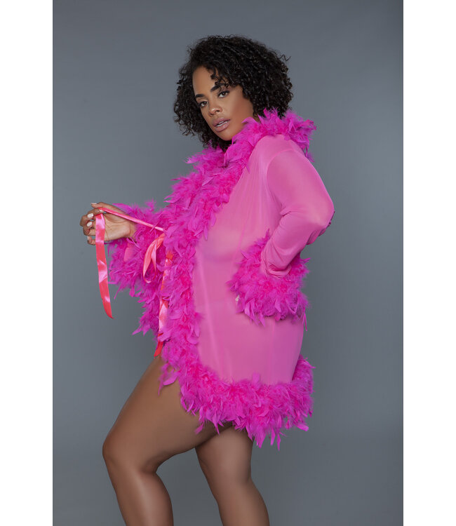 BeWicked Luxurious Pink Chiffon Kimono with Feather Boa Trim and Satin Ribbons