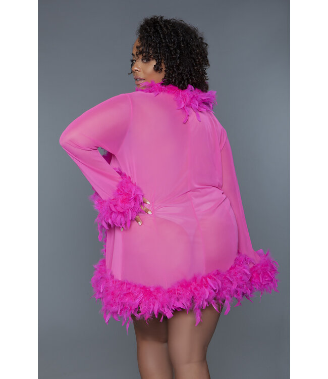 BeWicked Luxurious Pink Chiffon Kimono with Feather Boa Trim and Satin Ribbons