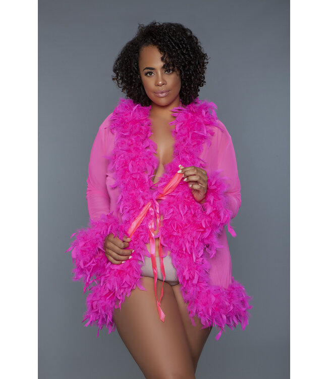 BeWicked Eleganter kurzer rosa Chiffon-Kimono mit Federboa und Satinbändern