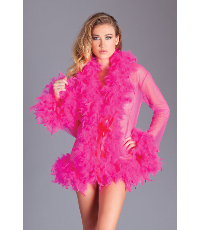 BeWicked Luxurious Pink Chiffon Kimono with Feather Boa Trim and Satin Ribbons