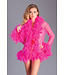 BeWicked Luxurious Pink Chiffon Kimono with Feather Boa Trim and Satin Ribbons