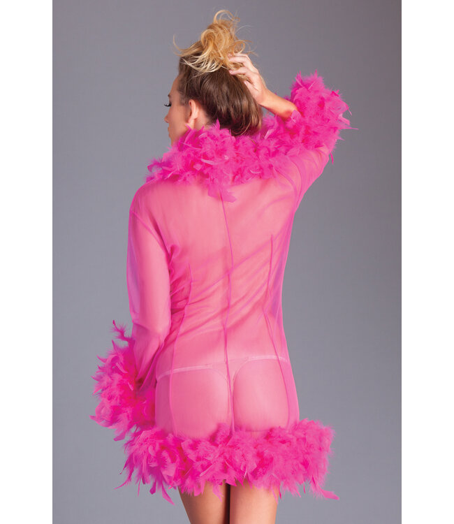 BeWicked Luxurious Pink Chiffon Kimono with Feather Boa Trim and Satin Ribbons