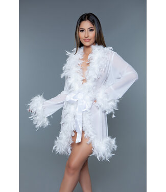 BeWicked Elegant Short White Chiffon Kimono with Feather Boa Trim