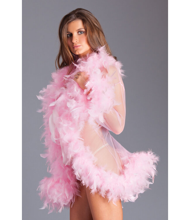 BeWicked Luxuriöser rosa Chiffon-Kimono mit Federboa – Elegante Loungewear