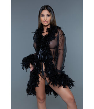 BeWicked Luxurious Short Black Chiffon Kimono with Feather Trim and Satin Ties